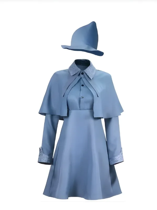 Ensemble de déguisement Fleur Isabelle Delacour pour fille comprenant une robe bleue satinée, une petite cape d'écolière de magie et un chapeau de sorcière pointu assorti.