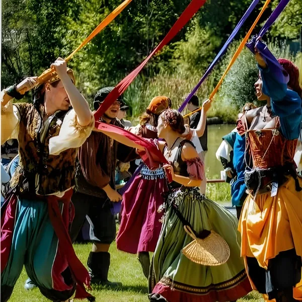 Des danseurs en costumes d'époque Renaissance participent à une danse du mât (Maypole) avec des rubans colorés en plein air, dans un cadre verdoyant aux Warner Bros. Studios Leavesden