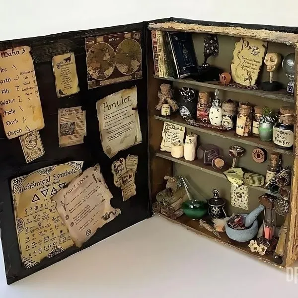 Diorama miniature de cabinet de curiosités magique en forme de livre ouvert, rempli de fioles d'apothicaire, de parchemins anciens, de symboles alchimiques et d'objets mystiques sur des étagères.