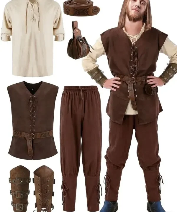 Costume médiéval fantastique complet 7 Pièces – Tunique crème & éléments marron foncé