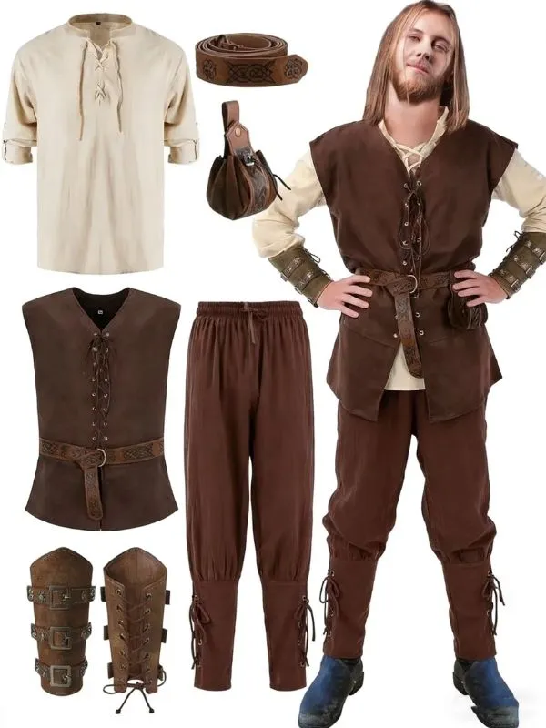 Costume médiéval fantastique complet 7 Pièces – Tunique crème & éléments marron foncé