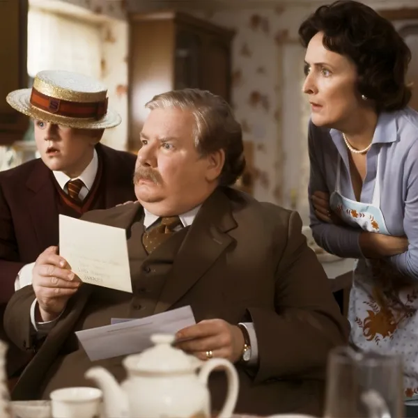 Vernon, Pétunia et Dudley Dursley, la famille de moldus qui a élevé Harry Potter sans magie.