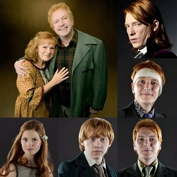 Portraits des membres de la famille Weasley incluant Arthur, Molly, Ron, Ginny et les jumeaux Fred et George