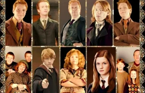 Montage photo des membres de la famille Weasley : Arthur, Molly, Bill, Charlie, Percy, Fred, George, Ron et Ginny Weasley dans Harry Potter.
