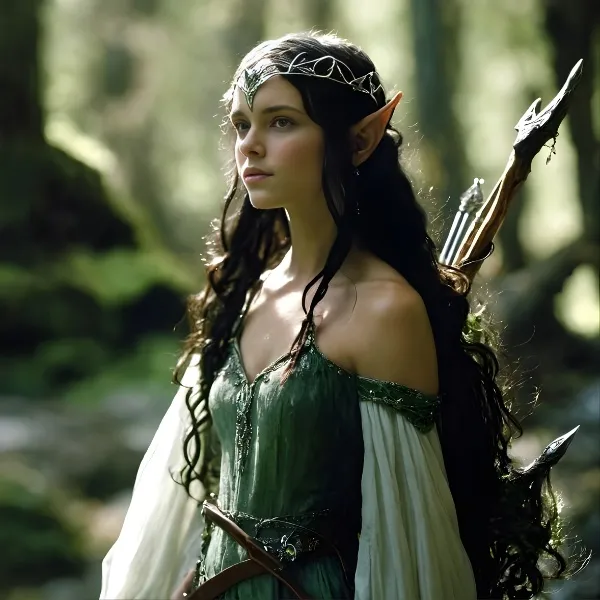 Portrait d'une jeune femme elfe aux longs cheveux sombres et oreilles pointues, portant une tiare argentée et une robe médiévale verte dans une forêt lumineuse