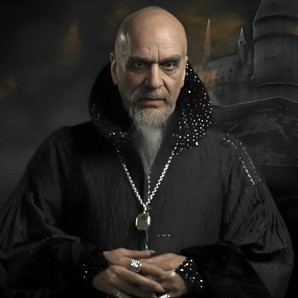 Portrait réaliste de Salazar Serpentard, fondateur de la maison Serpentard à Poudlard, vêtu d'une robe de sorcier noire ornée de bijoux, avec le château de Poudlard en arrière-plan sous un ciel sombre