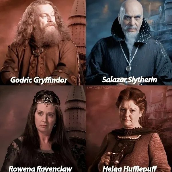 Montage photo présentant les quatre fondateurs de l'école de sorcellerie Poudlard : Godric Gryffondor, Salazar Serpentard, Rowena Serdaigle et Helga Poufsouffle, chacun représenté avec les attributs et les couleurs emblématiques de sa maison