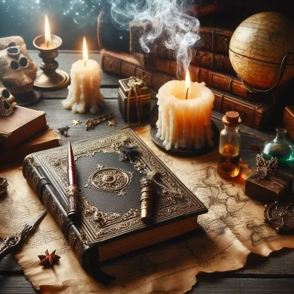 Grimoire ancien richement décoré posé sur un vieux parchemin, entouré de bougies fondues fumantes, de fioles d'alchimie et de livres anciens dans une ambiance mystique de cabinet de curiosités.