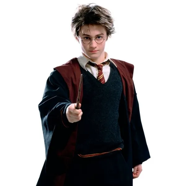 Jeune sorcier Harry Potter avec ses lunettes rondes iconiques, tenant sa baguette magique et portant l'uniforme scolaire de Poudlard avec une cravate Gryffondor sur fond blanc.