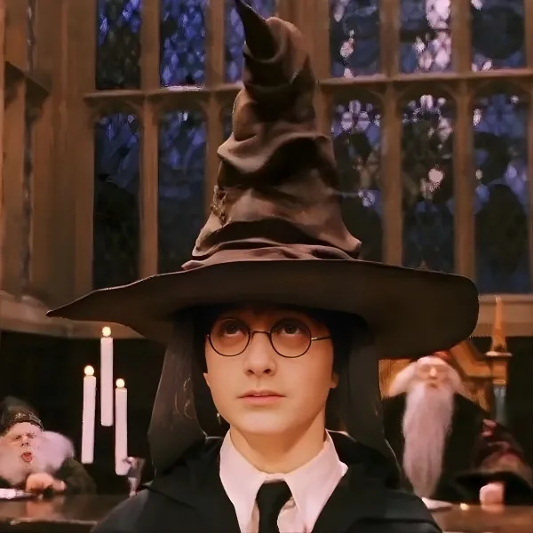 Jeune Harry Potter portant le Choixpeau magique lors de la cérémonie de répartition dans la Grande Salle de Poudlard, avec Albus Dumbledore en arrière-plan.