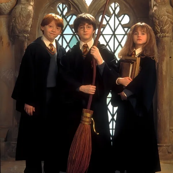 Photographie des personnages Harry Potter, Ron Weasley et Hermione Granger en robes de sorciers à Poudlard, tenant un balai magique et des livres devant un vitrail gothique.