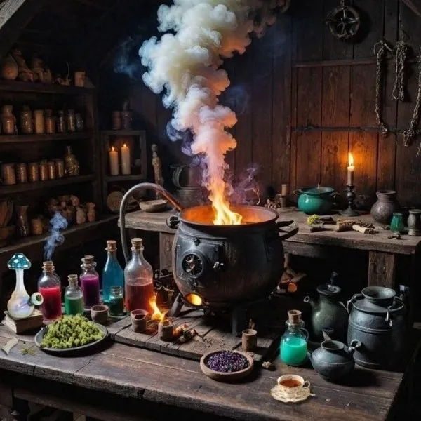 Atelier de magicien avec un chaudron en métal en ébullition dégageant une fumée épaisse au milieu de fioles de potions colorées.