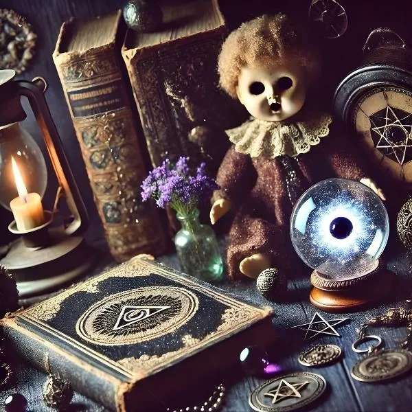 Une scène mystique de cabinet de curiosités comprenant une poupée ancienne aux yeux creux, un grimoire orné d'un symbole de l'œil, une boule de cristal lumineuse et une lanterne allumée dans une ambiance sombre et ésotérique.