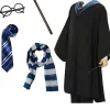 Pack complet d'apprenti sorcier harry potter incluant une robe noire à capuche avec doublure bleu, une cravate rayée, une écharpe assortie, une baguette magique et des lunettes rondes noire