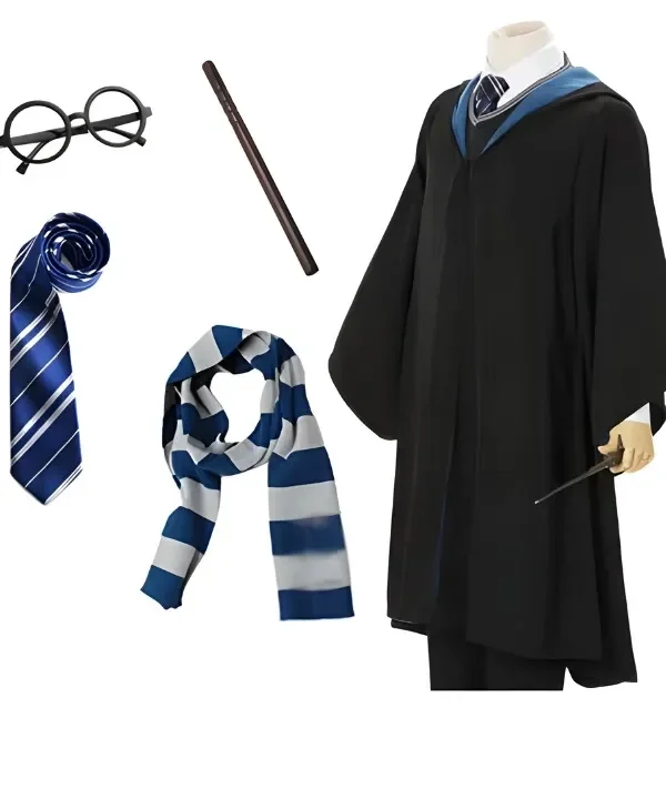 Pack complet d'apprenti sorcier harry potter incluant une robe noire à capuche avec doublure bleu, une cravate rayée, une écharpe assortie, une baguette magique et des lunettes rondes noire