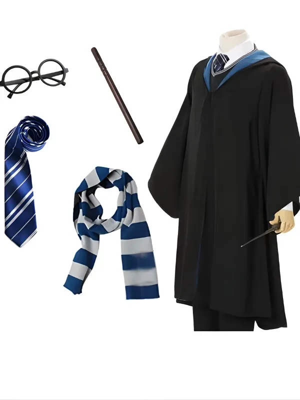 Pack complet d'apprenti sorcier harry potter incluant une robe noire à capuche avec doublure bleu, une cravate rayée, une écharpe assortie, une baguette magique et des lunettes rondes noire