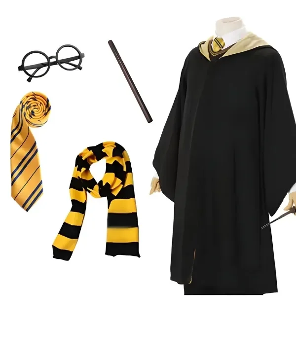 Pack complet d'apprenti sorcier harry potter incluant une robe noire à capuche avec doublure jaune, une cravate rayée, une écharpe assortie, une baguette magique et des lunettes rondes noire