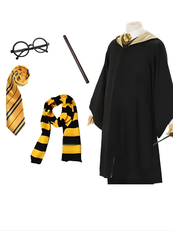 Pack complet d'apprenti sorcier harry potter incluant une robe noire à capuche avec doublure jaune, une cravate rayée, une écharpe assortie, une baguette magique et des lunettes rondes noire