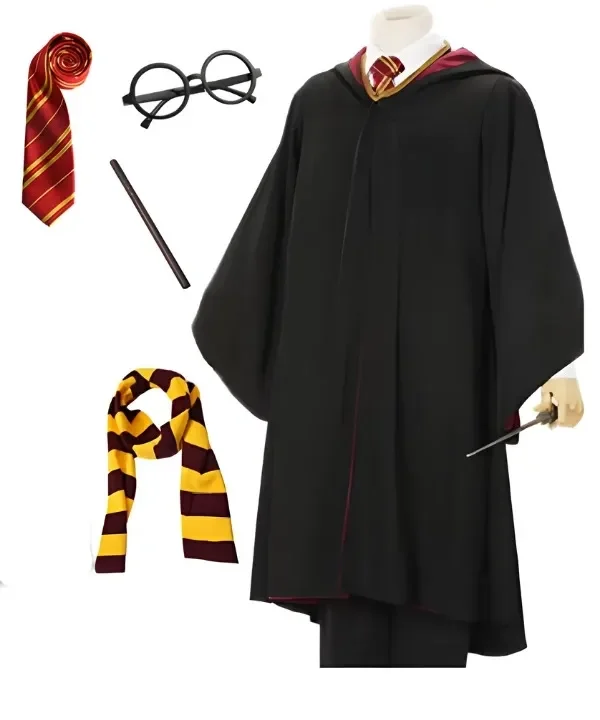 Pack complet d'apprenti sorcier harry potter incluant une robe noire à capuche avec doublure rouge, une cravate rayée, une écharpe assortie, une baguette magique et des lunettes rondes noire