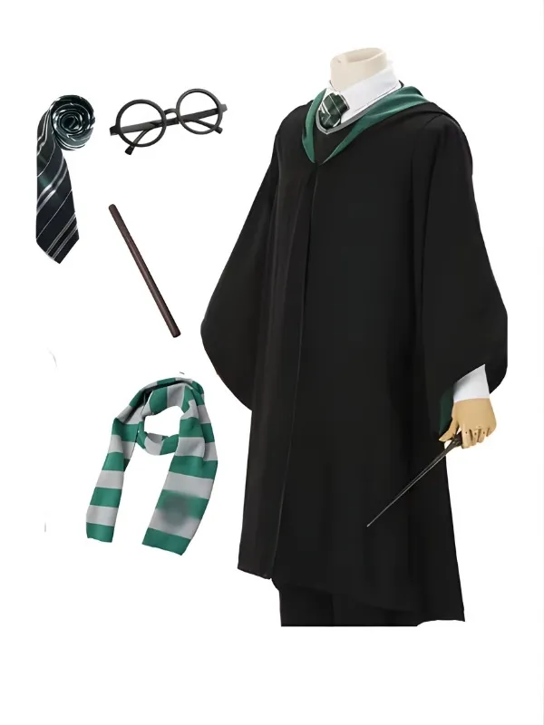 Pack complet d'apprenti sorcier harry potter incluant une robe noire à capuche avec doublure verte, une cravate rayée, une écharpe assortie, une baguette magique et des lunettes rondes noire