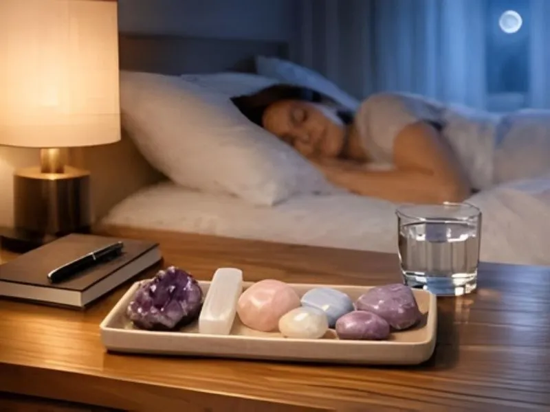 Pierres de sommeil avec améthyste et quartz rose sur une table de chevet pour une nuit paisible