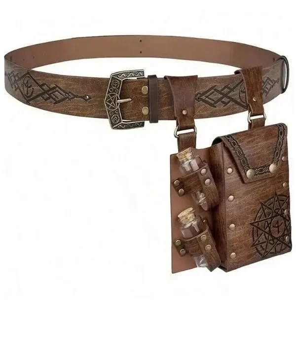Ceinture et pochette médiévale simili cuir vieilli marron, runes, sceau alchimique, fioles GN