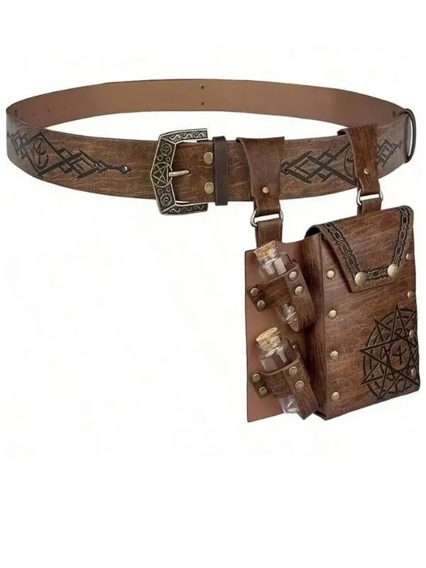 Ceinture et pochette médiévale simili cuir vieilli marron, runes, sceau alchimique, fioles GN