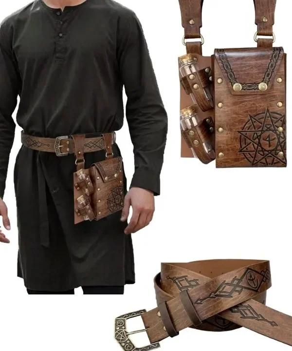 Alternative view of Pochette médiévale en similicuir marron avec ceinture runique et 2 fioles