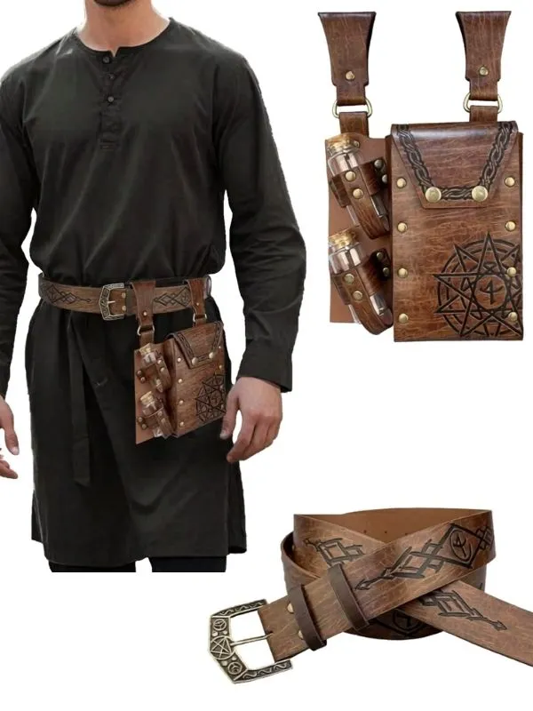 Alternative view of Pochette médiévale en similicuir marron avec ceinture runique et 2 fioles