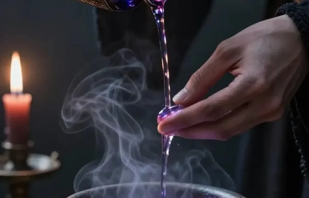 Main versant une potion violette fumante dans un chaudron sombre éclairé par une bougie.