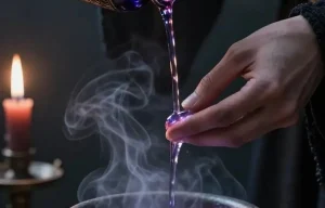Main versant une potion violette fumante dans un chaudron sombre éclairé par une bougie.