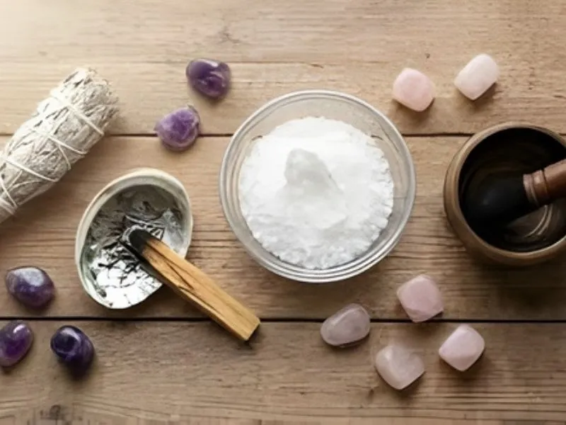 Kit de purification avec bâton de Palo Santo, sel marin et quartz rose sur un plateau en bois