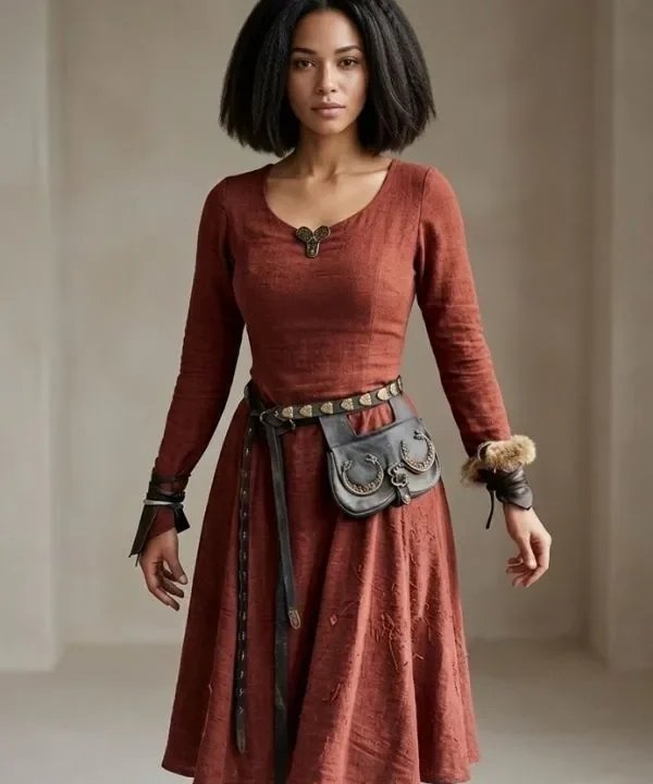 Robe médiévale paysanne terracotta en lin avec ceinture porte-sacoche en cuir
