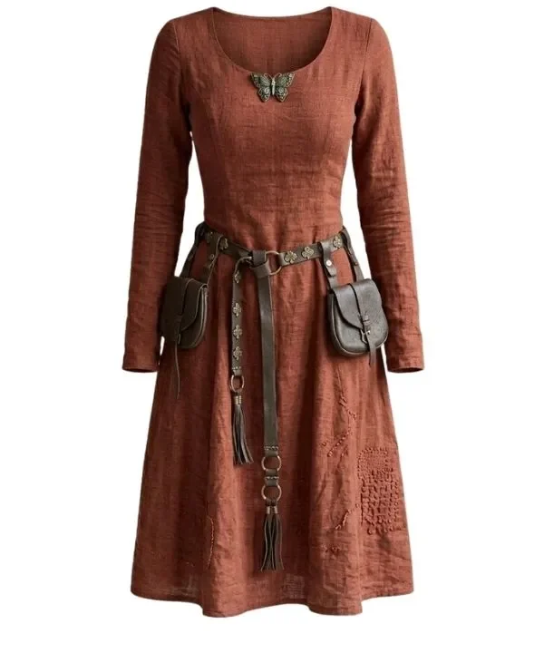 Robe celtique médiévale gothique adulte à manches longues, coupe ample, tissu rustique et texturé.