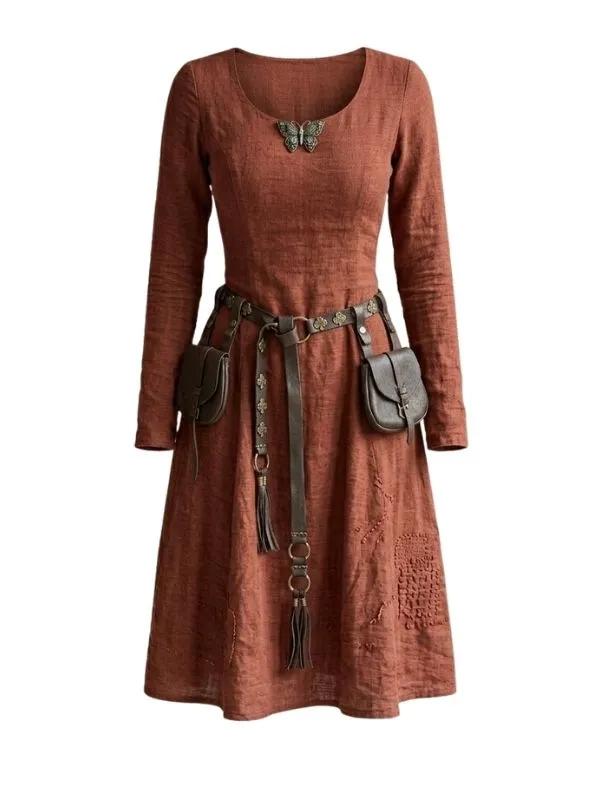 Robe celtique médiévale gothique adulte à manches longues, coupe ample, tissu rustique et texturé.