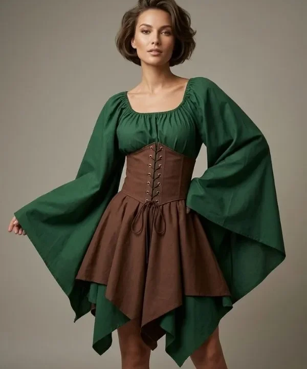 Alternative view of Robe courte médiévale et corset ajustable - Vert forêt & Marron sylvestre