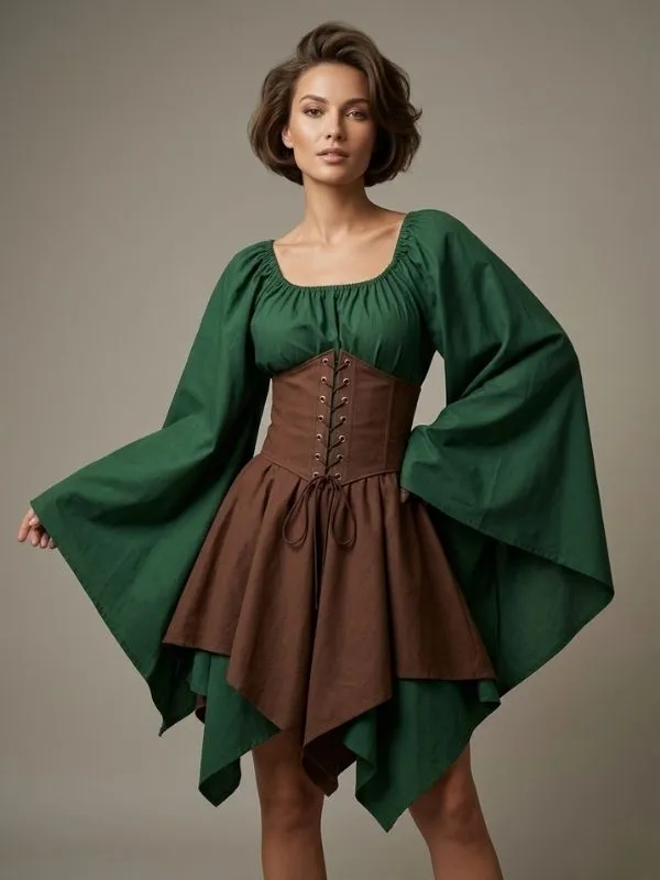 Alternative view of Robe courte médiévale et corset ajustable - Vert forêt & Marron sylvestre