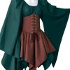 Ensemble robe courte médiévale Princesse Elfique vert forêt, marron, corset et manches évasées.