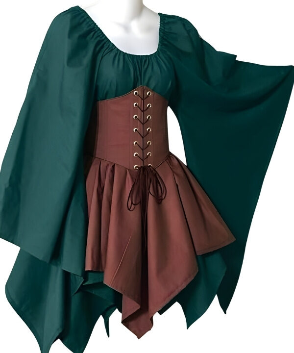 Ensemble robe courte médiévale Princesse Elfique vert forêt, marron, corset et manches évasées.