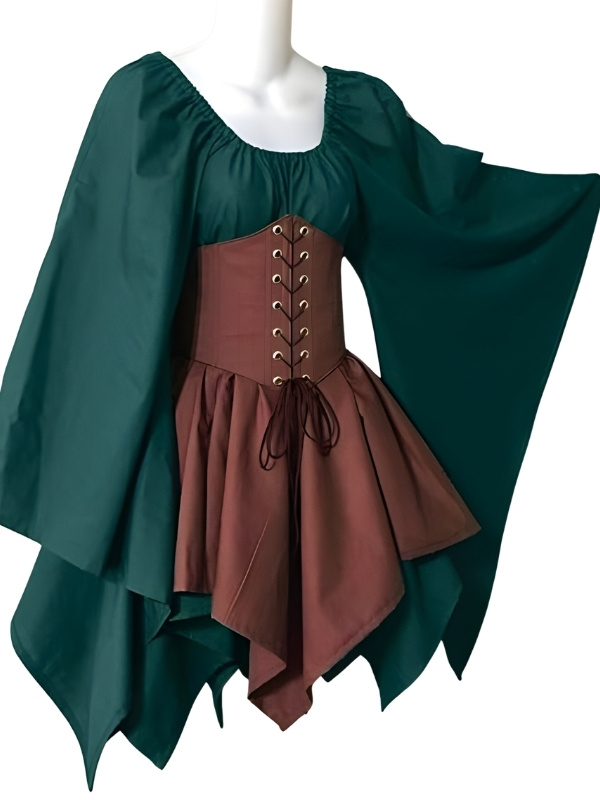 Ensemble robe courte médiévale Princesse Elfique vert forêt, marron, corset et manches évasées.