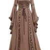 Robe médiévale Renaissance marron, manches cloches brodées or, laçage corset, grande capuche.