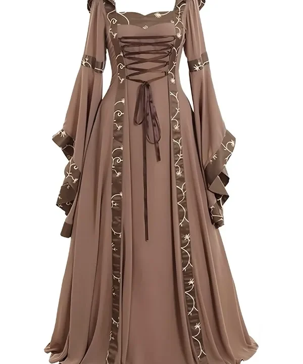 Robe médiévale Renaissance marron, manches cloches brodées or, laçage corset, grande capuche.