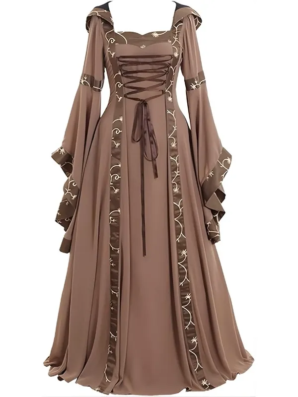 Robe médiévale Renaissance marron, manches cloches brodées or, laçage corset, grande capuche.
