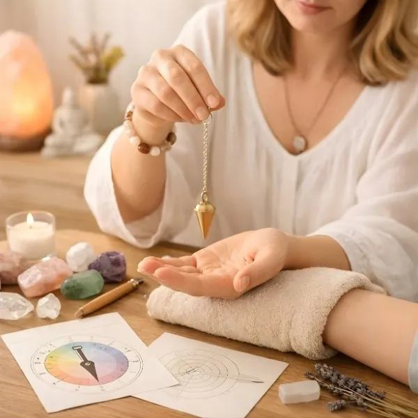 Une praticienne utilise un pendule divinatoire en métal au-dessus de la main d'une personne lors d'une séance de radiesthésie, entourée de cristaux de lithothérapie, d'une bougie et de cadrans de radiesthésie sur une table en bois.