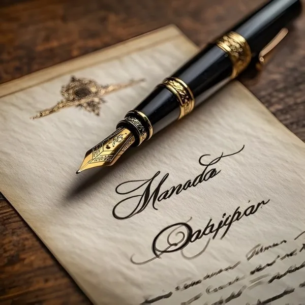 Un stylo-plume de luxe noir et doré posé sur une lettre en papier vieilli avec une calligraphie élégante, sur un bureau en bois sombre.