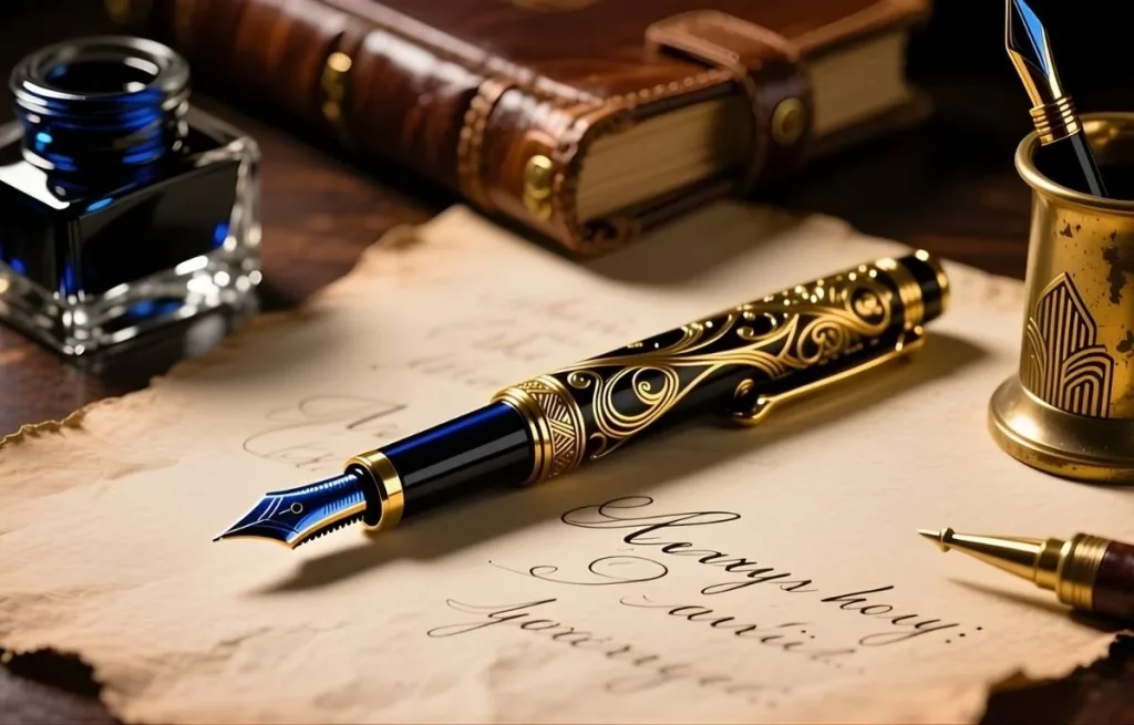 Stylo-plume de luxe noir et or avec gravures élégantes posé sur un vieux parchemin écrit à la main, accompagné d'un encrier bleu et d'un carnet en cuir.