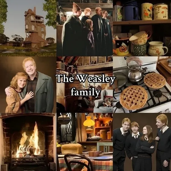 Pêle-mêle photos de la famille Weasley montrant la maison du Terrier, la cheminée et les portraits des personnages