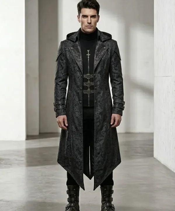 Veste à capuche Assassin homme cosplay médiéval, coupe asymétrique, broderies gothiques détaillées.