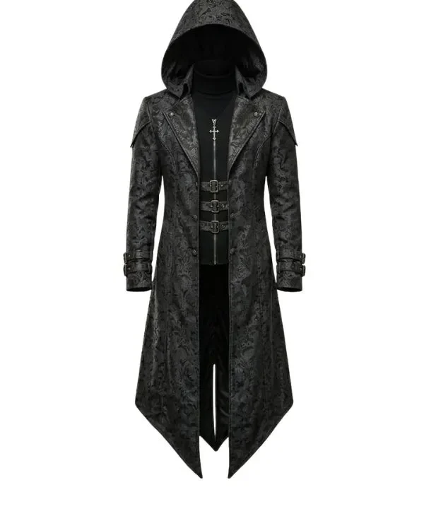 Veste à capuche Assassin homme cosplay médiéval, coupe asymétrique, broderies gothiques détaillées.