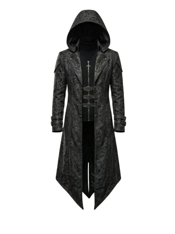 Veste à capuche Assassin homme cosplay médiéval, coupe asymétrique, broderies gothiques détaillées.
